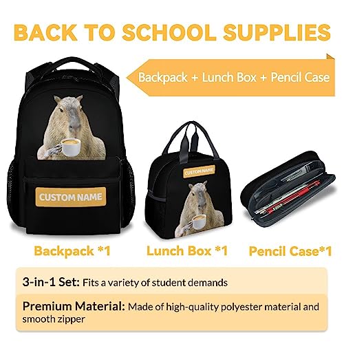 Kids Backpack with Lunch Box Set for Boys Girls, Custom 3 in 1 Animal School Backpacks Matching Combo, Cute Black Bookbag and Pencil Case Bundle for Travel Camping3