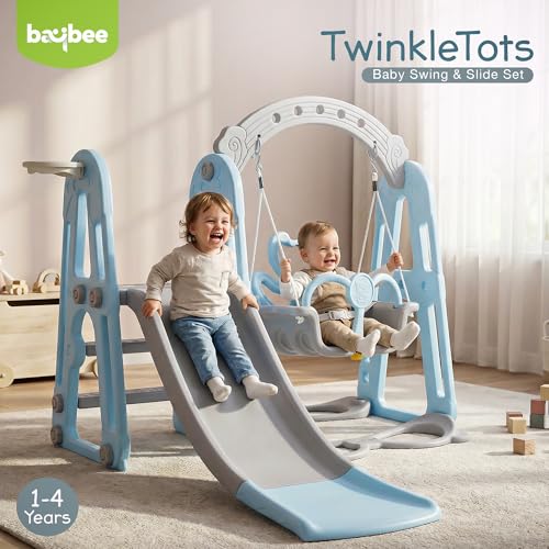 Image of Baybee 4 in 1 Baby Slides & Swing for Kids | Perfect Outdoor Swing N Sliding with Basketball Set, Antislip Steps & Safety Belt | Baby Play Area Indoor Playground Setup | Kids Slider for 2 to 6 Years