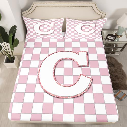 Image of Erosebridal Pink Initial C Sheet Set King Kawaii Plaid Checkered Bed Sheets Cute Personalized Monogram Bedding for Kids Girls Teen Women,Fashion Grids Gingham Bed Sheets Set 4 Piece