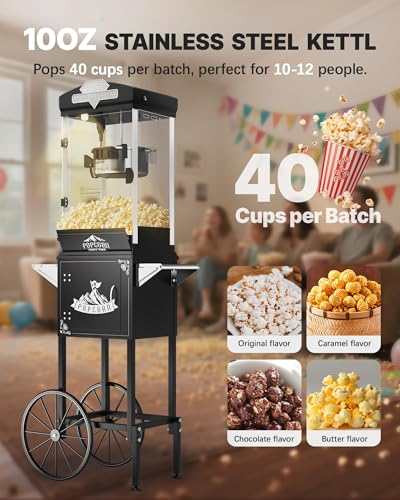 Image of 10 oz Popcorn Machine with Cart, Pop Corn Maker Machine with Wheel&Stainless-Steel Kettle Makes Up to 40 Cups, Vintage Movie Theater Style Popcorn Machine with Tilting pot, Black