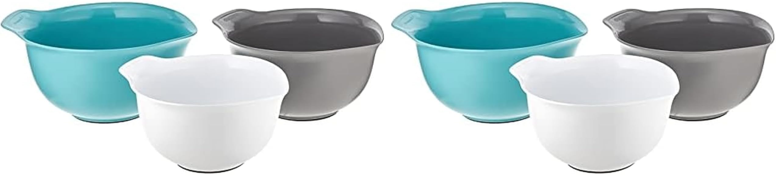 KitchenAid Universal Nesting Plastic Mixing Bowls,Set Of 3,2.5 quart,3.5 quart,4.5-quart,Non Slip Base with Easy Pour Spout to Reduce Mess,Dishwasher Safe,Aqua Sky,White,Gray,(Pack of 2)