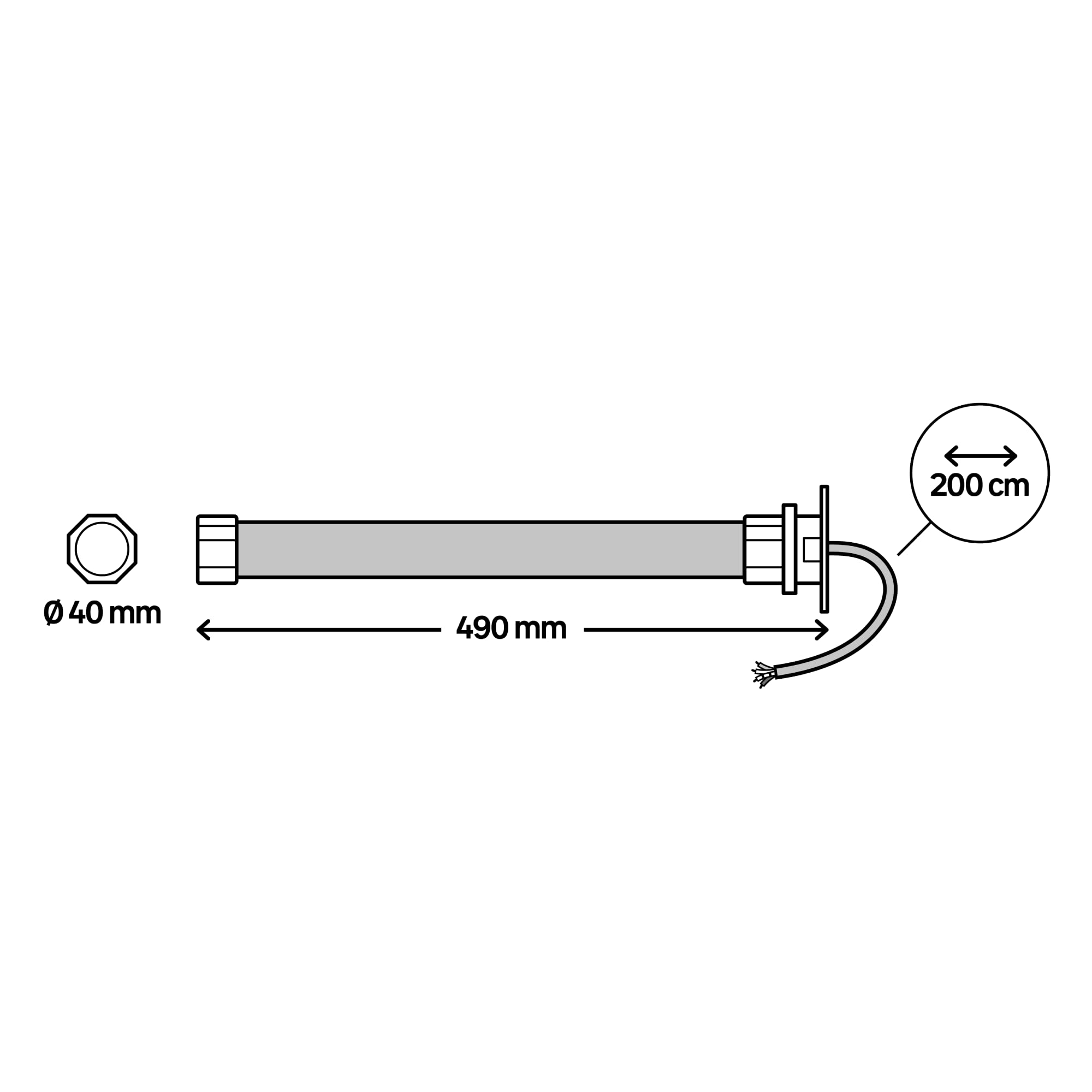 LEXMAN - Elektromechaniczny silnik do rolet – maks. 30 kg – Ø 40 mm – dł. 490 mm – 14 obr./min – 230 V – silnik 10 Nm – IP 44 – silnik rurowy – przewodowy silnik do rolet