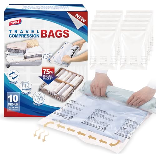 Image of TAILI 10 Pack Travel Compression Bags, Roll Up Space Saver Bags (23.6x15.7 inch),Hand Roll Packing Bags for Luggage, Suitcase, Backpack, No Tools or Vacuum Needed, Travel Accessories, Cream