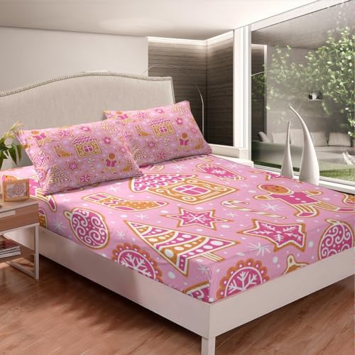 jejeloiu Pink Christmas Bed Sheet Set Twin Size Gingerbread Man Fitted Sheet for Kids Boys Girls Cookies Bedding Set Microfiber Xmas Theme Bed Cover Deep Pocket Bedroom Bed Set