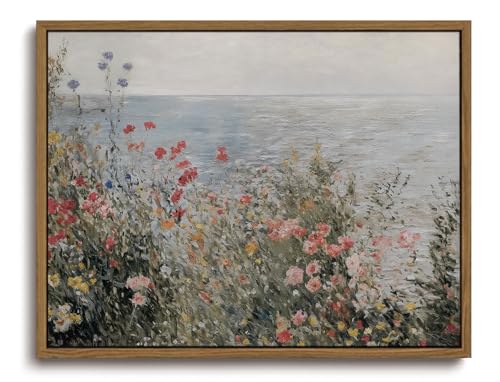 Image of KISSFOX Framed Wall Art Vintage Wall Decor Coastal Canvas Art Wildflower Pictures Seascape Paintings Rustic Prints Impressionist Artwork For Bedroom Living Room Kitchen