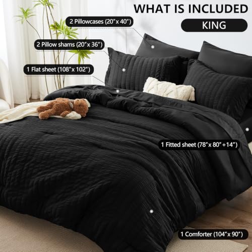 Image of HIMEET King Size Comforter Set - 7 Pieces Seersucker Bed in a Bag, Boho Bedding Sets for Bedroom Decor, All Season Home Essential Bed Set with Comforter, Sheets, Pillowcases & Shams, Black