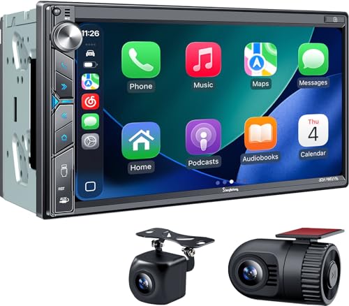 SJoyBring Double Din Car Stereo with Dash Cam, Wireless Apple CarPlay & Android Auto, 240W 4.2CHN, 7" Touchscreen, SWC, Bluetooth, FM/AM Car Radio, 2 Subwoofers Outputs, Backup Camera