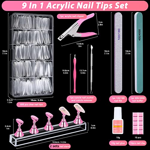 600Pcs Clear Coffin Nail Tips Set Qinzave Clear Acrylic Nail Tips With Nail Glue Clear Coffin Nails Tip Full Cover With Nail Display Stand, Cuticle Nail Pusher Remover, Nail Clipper Nail Files Buffer #TOP4