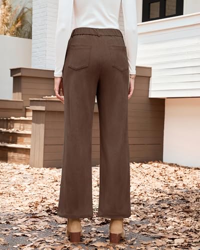LookbookStore Corduroy Pants for Women High Waisted Wide Leg Elastic Waist Casual Work Pants Fall Trousers with Pockets3