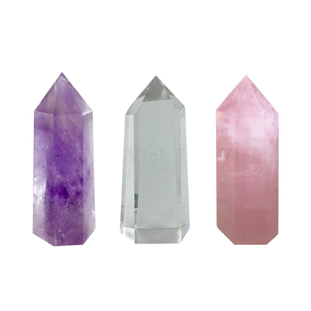 Vick J Natural Labradorite Healing Crystal Point 6 Faceted Reiki Chakra Stones 2~3" Self Standing Wands Obelisk Amethyst + Clear + Rose Pink XQC03-ACR