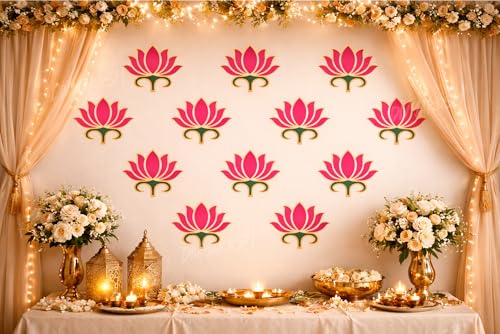 Image of Divyakosh Pink Lotus Wall Stickers for Wall Decor (12 Pieces, 3x3.5 Inch) | Puja Backdrop Decoration, Mandap, Temple Decor | Peel & Stick Lotus Stickers for Home & Festive