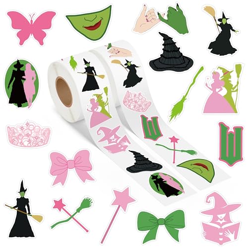 GUjianzhi 1000Pcs Witch Musical Stickers Pink Crown Black Hat Green Broom Adhesive Decals for Kids Girls Wicky Witch TV Movie Merchandise Party Decoration for Birthday Gifts Laptop Guitar Luggage