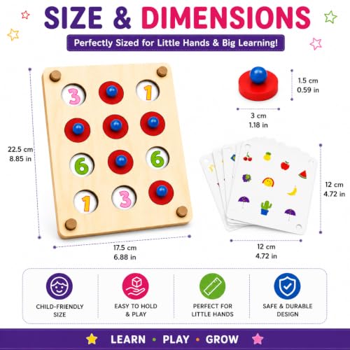 Image of PLUSPOINT Wooden Memory Matching Puzzle Game for Kids | Montessori Memory Match Board with Color Pattern Cards | Educational Brain Training Toy for Preschool Early Learning Age 3+