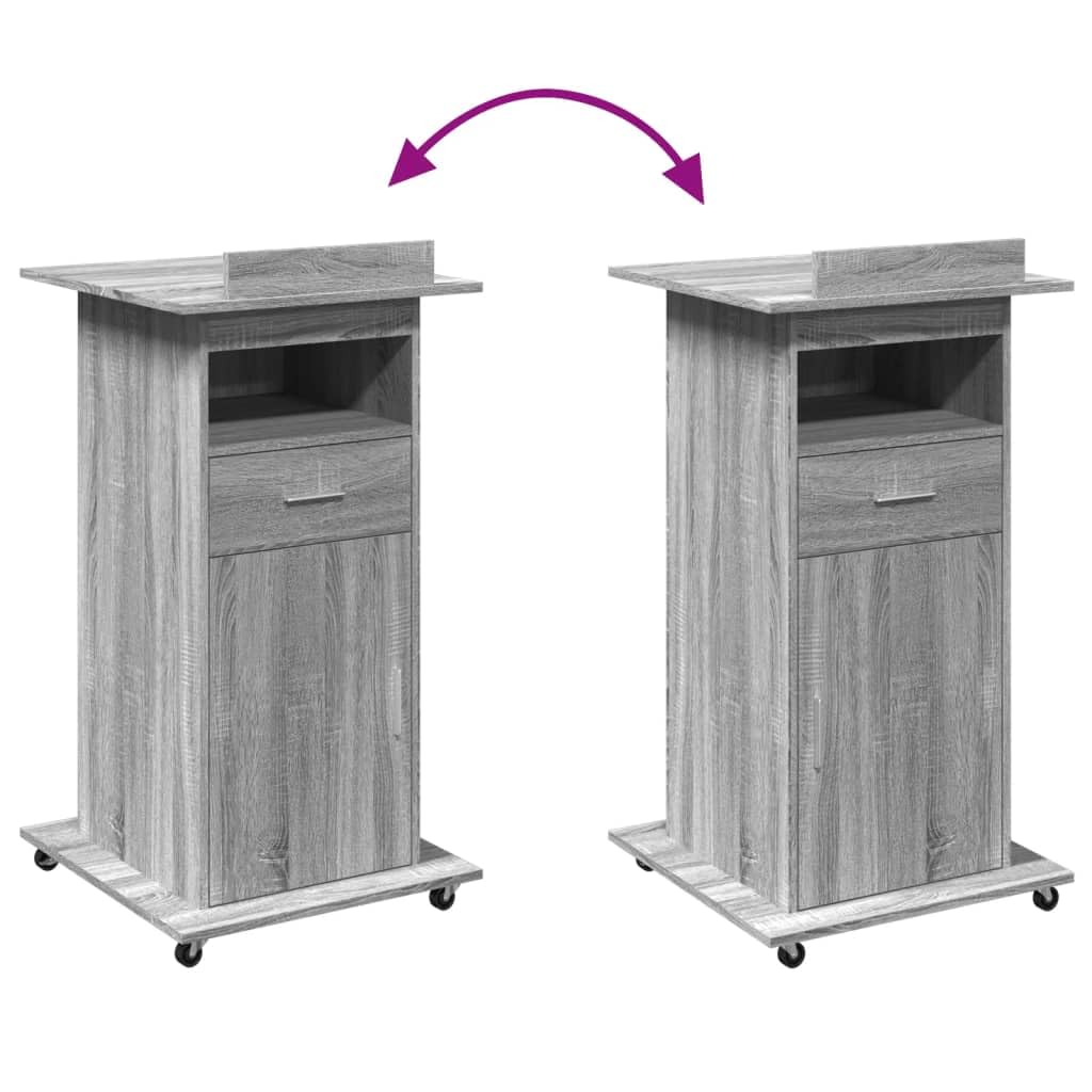 Atril con ruedas y cajón, gris Sonoma, 55 x 55 x 107 cm, escritorio de pie móvil con placa superior inclinable y espacio de almacenamiento para presentaciones y oficina de material de madera