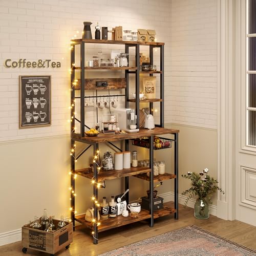 GRUSIGN Kitchen Bakers Rack with Storage, 6-Tier Coffee Bar Station with Power Outlet, Microwave Stand with 12 S-Shaped Hooks, Open Kitchen Storage Shelves for Spices, Pots and Pans, Rustic Brown - Image 3