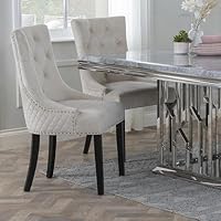 URBANDECO Lion Knocker Back Champagne Velvet Fabric Dining Chair with Black Wooden Legs - 1 Chair