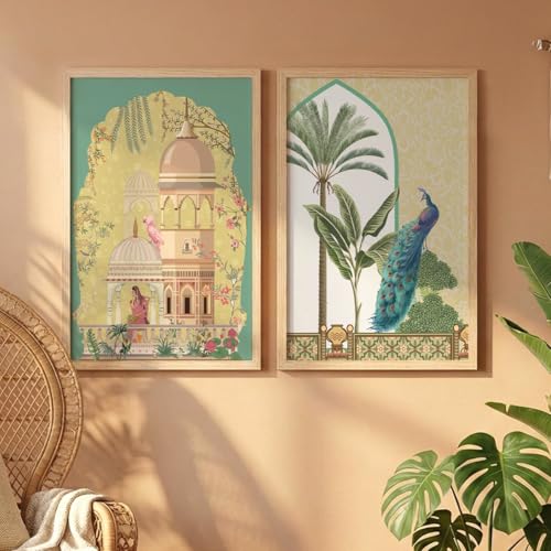 Image of NoWorries Traditional art Set of 2 Wall Frames for Home Decor /Rajasthani Theme Paintings for Wall decoration and Cafe Decor - Madhubani art Wall Framed Posters - Traditional Frames for Living room, Dining room and Bedroom Decor (Synthetic Wood frame) (Leminated 300 GSM Pigment Digital Print) (framed, Multicolur) Set of 2