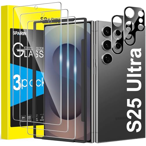 SPARIN für Samsung Galaxy S25 Ultra Panzer Schutz Glas 3 Schutzfolie und 2 Kameraschutz mit Einfache Montage Rahmen Kompatibel mit Fingerabdrucksensor 9H Härte Anti-Kratzen Anti-Bläschen HD-Klar