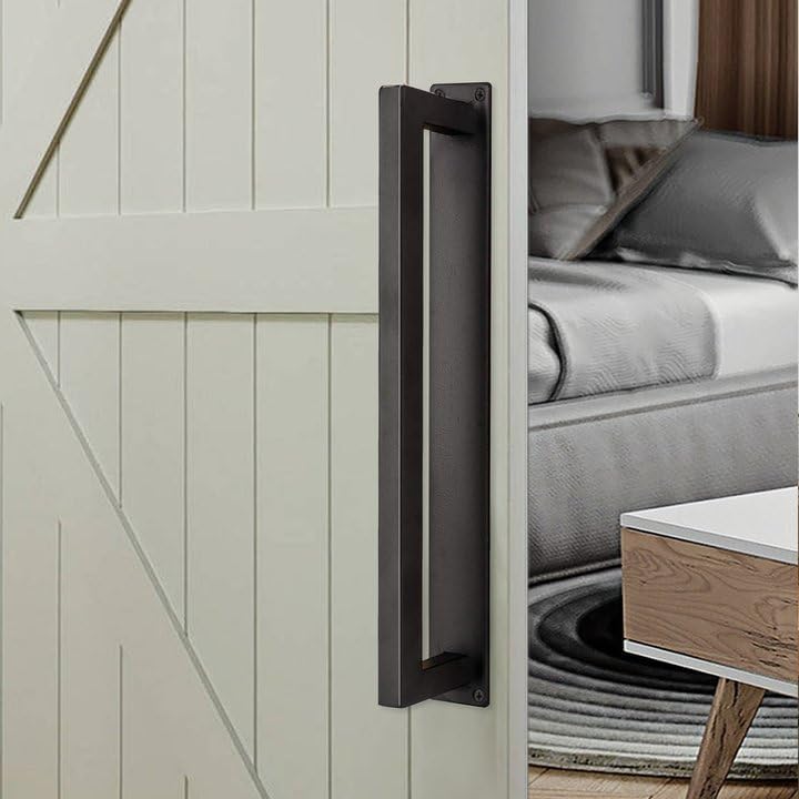 Miniatura 5 de Homode Manija de puerta estilo granero, mango rústico de 12 pulgadas, resistente, tirador de puerta cuadrada negro mate con base larga al ras para