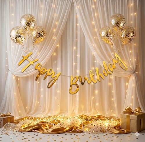 Image of MOOKE Gold Birthday Decoration Set[10Pcs] - Happy Birthday Banner, Gold Confetti Balloons With LED Light, Unisex-Adults, Unisex-Kids
