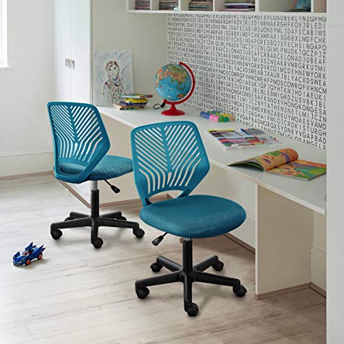 Image of Yaheetech Small Desk Chair, Armless Adjustable Swivel Seat, Turquoise | Padded mesh seat and ventilated resin back, compact armless frame rolls and adjusts for study and small desks, holds 300 lb.