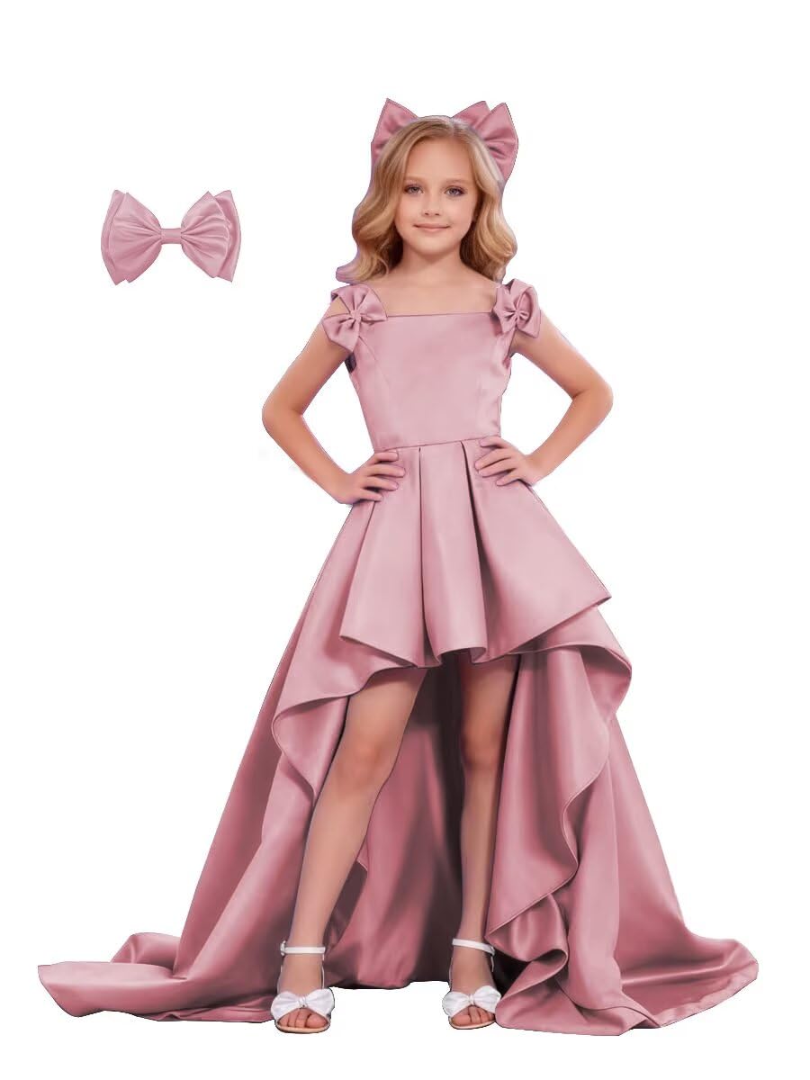 High-Low Junior Bridesmaid Dresses for Girls Pleated Satin A-Line Bow Straps Pageant Formal Party Dress 2536