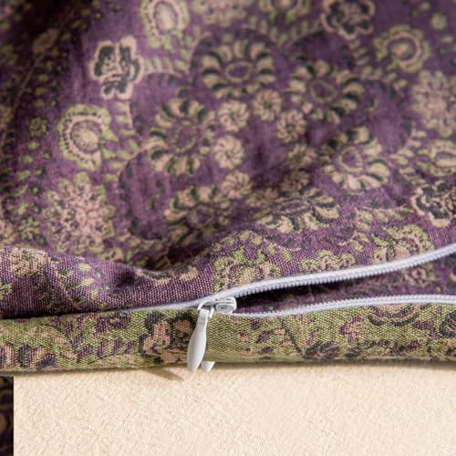 VM VOUGEMARKET Full Duvet Cover Set Purple Green Floral Pattern,3 Pieces Reversible Boho Medallion Jacquard Flower Bedding Set,Linen Cotton Yarn-Dyed Textured Duvet Cover with Zipper Closure