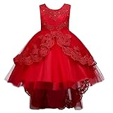 Flower Girls Vintage High-Low Tulle Lace Beaded Rhinestone Wedding Bridesmaid Dress Formal Princess Pageant Birthday Party Special Occasion Retro Dance Evening Tutu Ball Gowns Red 9-10 Years