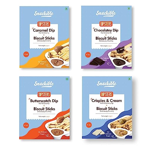 Image of Snackible Dipsters Biscuit Sticks & Dip - Assorted Pack of 4 Flavours | Chocolatey, Butterscotch, Caramel, Cookies & Cream | (Pack of 24) - 24x30gm | Baked | Healthy Dip and Biscuit Sticks | Mixed Flavors | Creamy Dips
