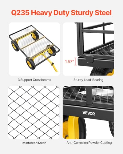 Image of VEVOR Steel Garden Cart, 1200 lbs Heavy Duty Pullable Garden Wagon Yard Cart, 2 in 1 Outdoor Metal Utility Wagon Yard Trailer with 13 inch All Terrain Tires, Mesh Detachable Sides and 180 Rotating Handle