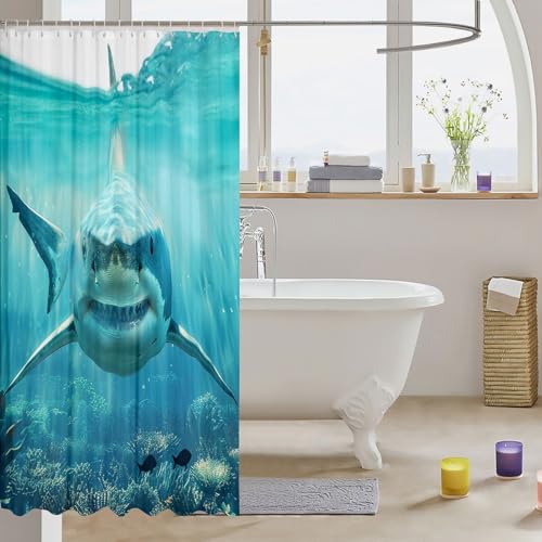 Image of Feelyou Shark Shower Curtain for Stalls Bathtubs 3D Shark Fish Bathroom Shower Curtain Set Ocean Marine Theme Bath Curtain Room Decor Wild Animal in The Sea Waterproof Bathroom Curtains 72x84 Inch