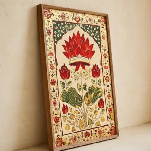 Image of Livin'luxe Royal Lotus Floral Wall Painting with Wooden Frame | Traditional Lotus Artwork HD UV Laminated MDF Wall Decor | Elegant Botanical Lotus Art for Living Room Bedroom Home Decor