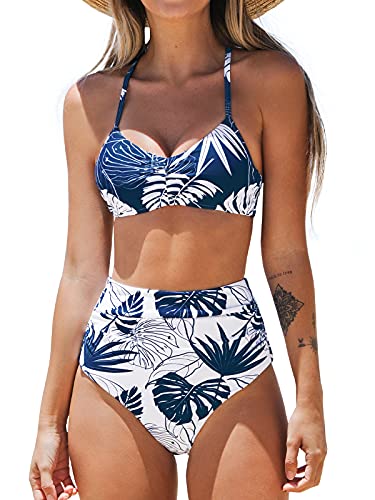 Cupshe women's leafy high waisted bikini sets blue white swimsuit…