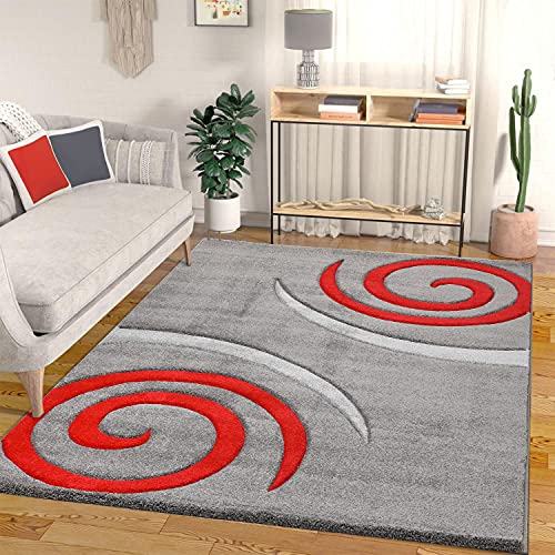 VIMODA Designer Teppich Modern dicht gewebt dick und weiche Oberfläche Grau Rot Konturenschnitt aus Hand, Maße:120x170 cm Cover