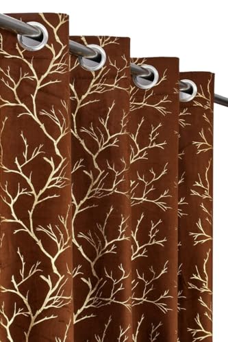 Image of Premium Heavy Velvet Fabric Foil Tree Design Room Darkening and 76% Blackout Curtains for Long Door 9 Feet, Coffee, 1 Piece Curtain