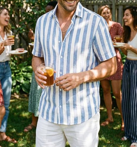 JMIERR Men's Casual Stylish Short Sleeve Button-Up Striped Dress Shirt Cotton Beach Shirts