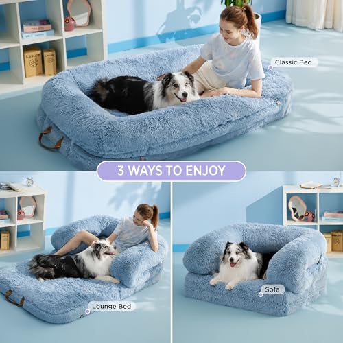 Lesure-Foldable-Human-Dog-Bed-3-in-1-Flexible-Giant-Human-Dog-Bed-for-Adult-People-with-Supportive-Bolster-Egg-Foam-Waterproof-Liner-Calming-Fluffy-Faux-Fur-Orthopedic-Big-Bean-Bed-Blue Lesure Foldable Human Dog Bed 3 in 1 Flexible Giant Human Dog Bed for Adult People with Supportive Bolster Egg Foam Waterproof Liner Calming Fluffy Faux Fur Orthopedic Big Bean Bed Blue