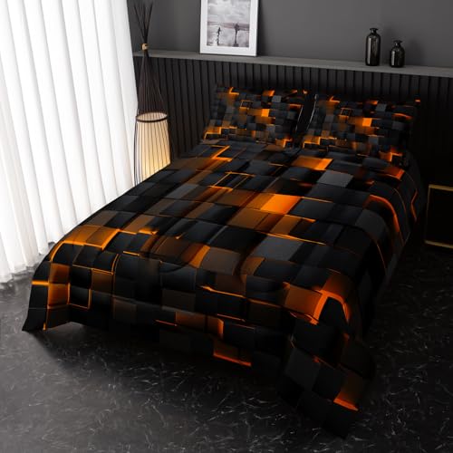 Image of Nttopship Neon Yellow Black Comforter Set King Geometric Kids Bedding Set,3 PCS Geometry Honeycomb Bed Set Modern Quilt Set 1 Comforter 2 Pillow Cases Cool Room Decor All Season B-Side Black
