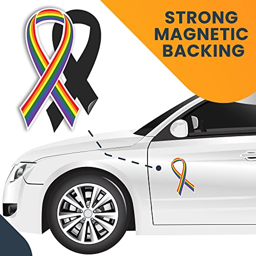 Image of Magnet Me Up LGBTQ Gay Pride Flag Ribbon in Support of LGBTQ Rights Magnet Decal 3.5x7 Inches, 2 Pack Magnet for Car, Truck, SUV or Any Other Magnetic Surfaces Social Movement Gift, Crafted in USA