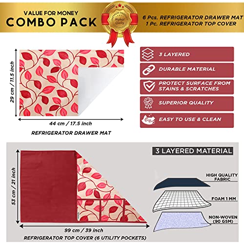 Image of Polyester 3-Layered Fridge Top Cover /Refrigerator Cover With Utility Pockets and Set of 6 Pc Fridge Mats (Color-Leaf Red, Size-39x21 Inch)