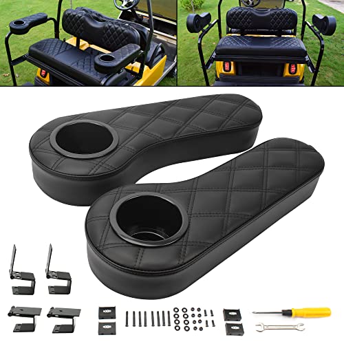 NOKINS Golf cart flip armrest with Cup Holder no Drilling Required for Club car/EzGo/Yamaha Club cart Black Stitching armrest kit