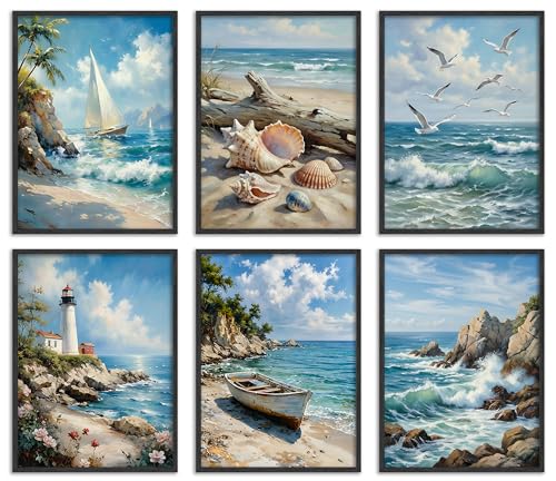6PCS Coastal Canvas Wall Art Ocean Beach Scenery Posters Prints Lighthouse Sailboat Seashells Seagulls Pictures Wall Decor for Bathroom Bedroom Living Room Unframed