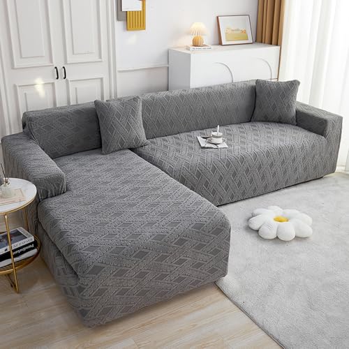 Housse canapé d'angle extensible Jacquard gris foncé 2 places salon - 2