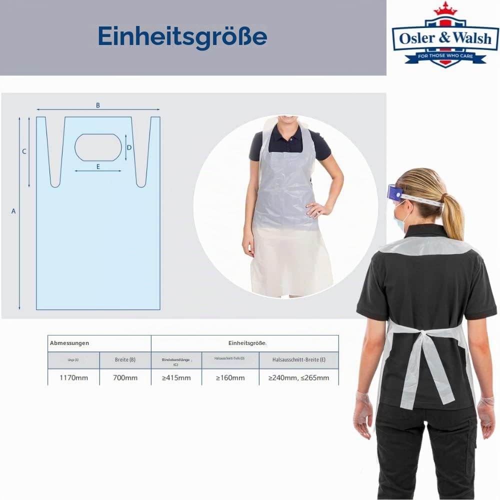 Osler & Walsh Hochwertige Einwegschürzen für Damen und Herren, 686 mm x 1170 mm, Polyethylen-Schürzen für Erwachsene, 16 Mikrometer, flach verpackt, Größe und Spezifikation, Weiß, 100 Stück