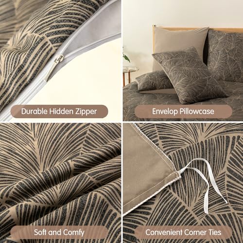 Image of Lekesky Queen Size Duvet Cover Set, Reversible Queen Comforter Cover with Tropical Leaves Pattern, Soft 100% Washed Microfiber 3 Pieces Khaki Bedding Set with Zipper and 2 Pillowcases