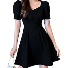 Black Skirt Summer Dress Women's Skirt French Temperament Short-Sleeved Waist A-line Dress Color Black, Size Large