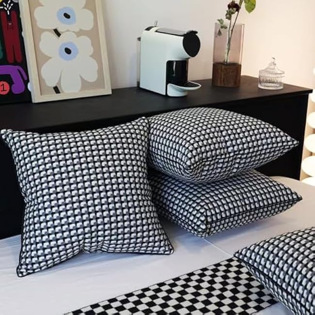 Yarn-Dyed Weaving Black and White Square 18 x 18 Pillow Covers Set of 4,Gingham Checkered Decorative Black and White Throw Pillows for Couch