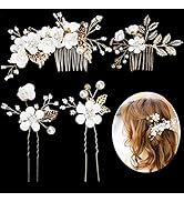 Wedding Bridal Hair Pins 4 Pieces Hair Side Combs Pearl Flower Hair Pins Rhinestone Hair Accessor...
