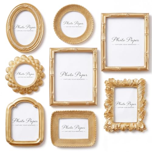 8 Pcs Gold Picture Frames Set for Gallery Wall Gold Bamboo Frames Collage Assorted Sizes 8x10 5x7 & 4x6 Modern Ornate Victorian Royal Decor for Wall Mount & Tabletop Display