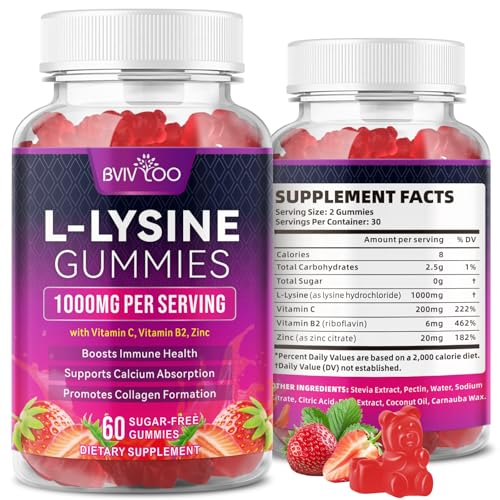 BVIVLOO L-Lysine 1000mg Gummies for Immune Support & Skin Health - High Potency Vegan Gummies Sugar-Free Natural Berry Flavor Gluten-Free Chewable Supplement for Adults & Kids - 60 Gummiess
